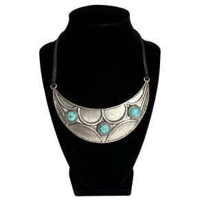 Boho Crescent Bib Necklace Turquoise Style Stone Silver Tone Pendant Womens